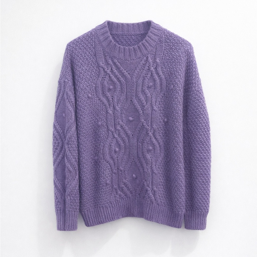 💜 Cotton Emporium Lilac Chunky Cable Knit Popcorn Sweater Size XL